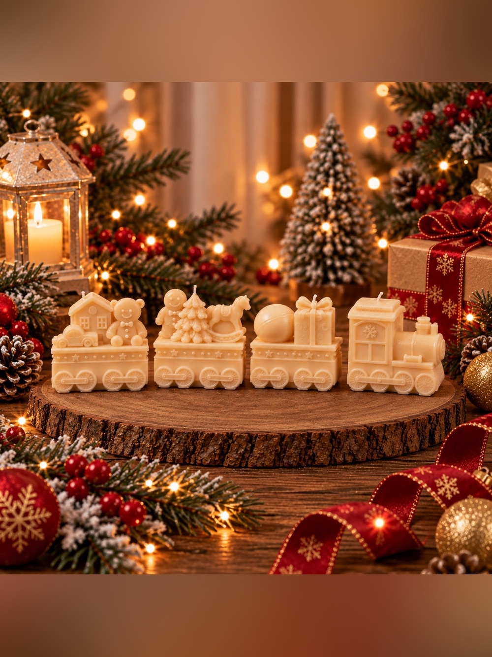 Cream Holiday Train Decorative Candle Set Gift Box